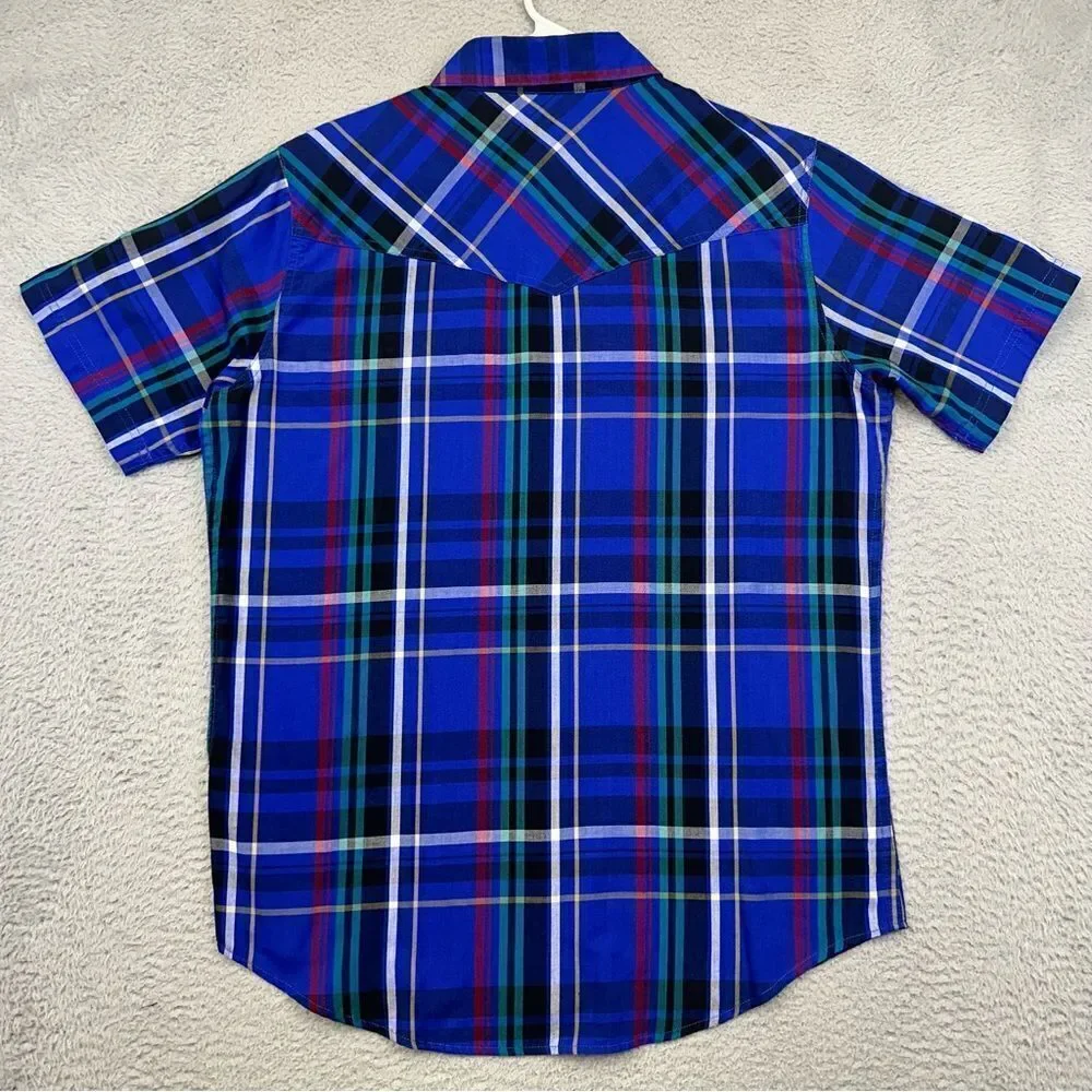High Noon Pearl Snap Shirt‎ Mens Medium Blue Plaid Western Cowboy Farmer Ranch